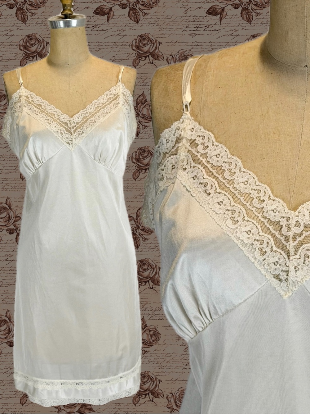 VINTAGE 70s slip dress nylon silky nightgown lingerie lace trim midi boudoir 80s